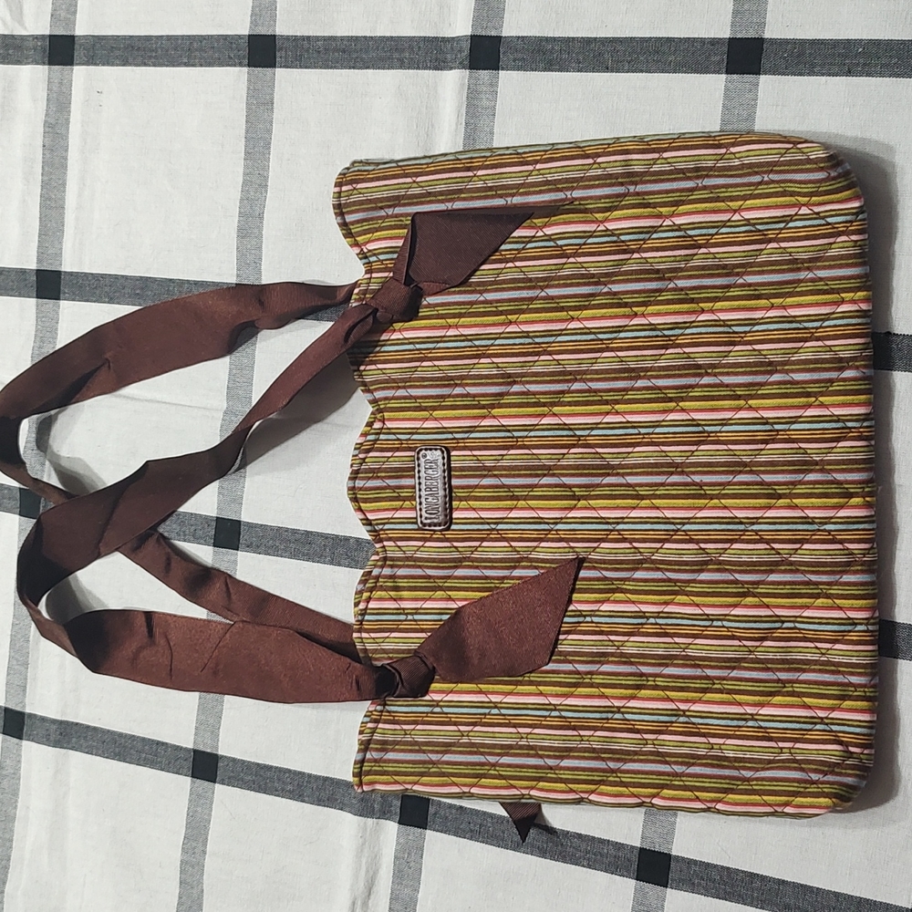 Longaberger Tote Bag Ribbon Straps Green Yellow Blue Pink Stripes